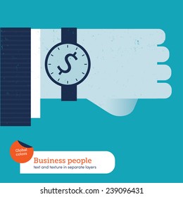 Businessman's hand with clock and money symbol. Vector illustration Eps10 file. Global colors. Text and Texture in separate layers.