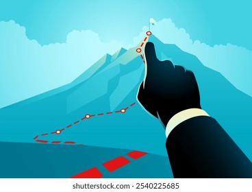 Businessmans hand directing toward a flag on a mountain peak, symbolizing ambition, success, leadership, goal achievement, and strategic planning.