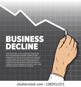 Businessmans hand drawing decrease graph. Profit decline and downward sales business