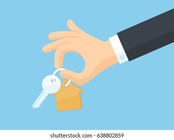 Businessman's hand giving house keys vector illustration in flat style