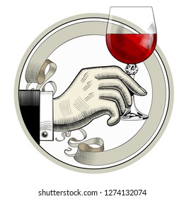 Businessman's hand with a glass of red wine. Wine concept. Vintage engraving stylized drawing. Vector illustration