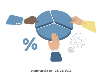 Businessman's hand is grasping the corporate or personal market share, Pie chart showing shareholder value, Business cooperation, investment, Business competition concept, Flat vector illustration.
