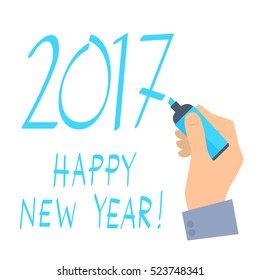 Businessman's hand with a highlighter writes a new year congratulation. Flat concept illustration of hand, blue marker, 2017, the Happy new year. Isolated vector design element for web, presentation.