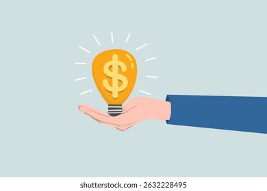 Businessman's hand holding a brightly lit dollar light bulb idea. Enlightening money ideas, high profit investment and savings, business ideas to make money or profit.