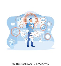 Businessman's hand holding a digital tablet with information technology spread all over the world. Entrepreneurs create business innovations digitally. Concept Technology with Forex Graph Hologram. 