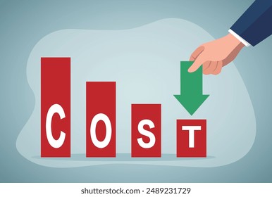 Businessman's hand holding green down arrow put on COST bar chart. Lean optimize manufacturing. Decreasing company expense to maximize profits. Business process improvement to reduce cost.