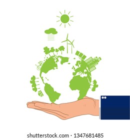 Businessman's hand holding green earth, environmental concept vector illustration