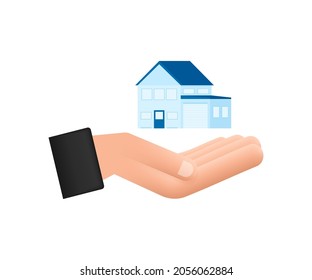 Businessmans Hand Holding A House. Home Rental, Property, Real Estate Concept. Vector Illustration. Technology Concept.