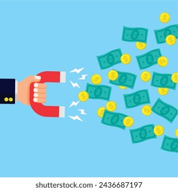 businessman's hand holding a magnet to attract money, vector illustration of attracting money