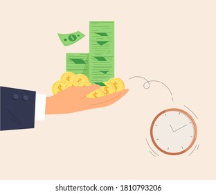 Businessman's hand holding money full of hand with falling clock. Concept of devoted time for business, time or money, sacrifice time to get more money, time management. Flat vector illustration. 