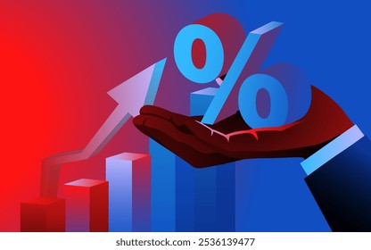 Mano de empresario sosteniendo un símbolo porcentual frente a un gráfico en alza, que simboliza el crecimiento, el éxito financiero y los retornos de la inversión