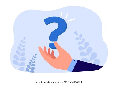 Businessmans hand holding question mark. Person asking for answer, help and support flat vector illustration. FAQ, interrogation, difficulty concept for banner, website design or landing web page