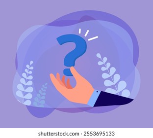 Businessmans hand holding question mark. Person asking for answer, help and support flat vector illustration. FAQ, interrogation, difficulty concept for banner, website design or landing web page