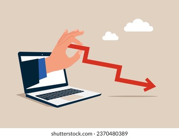 Businessman's hand is holding a red arrow down. Falling living standards and prices. Flat vector illustration