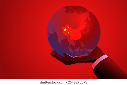 Mano de empresarios sosteniendo un globo rojo con el mapa de China, que simboliza los negocios internacionales, el comercio, los mercados globales, la influencia global, la economía o las empresas comerciales chinas