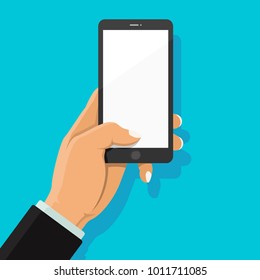 Businessman's hand holding smartphone and finger touch on blank white screen on blue background with shadow. Phone on hand. Human using mobile phone. Vector illustration flat cartoon design concept.