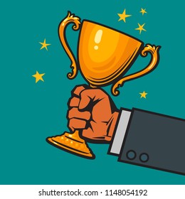 Businessman's hand holding winner's gold cup, trophy, award. Concept of victory, success and business achievements. Hand drawn vector illustration isolated on green background with red stars.