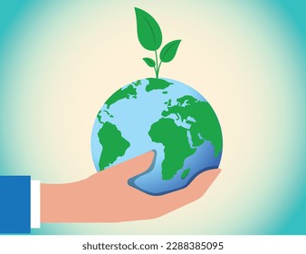 businessman's hand holding up the world with a plant. environmental care concept