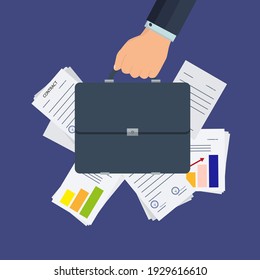 Businessman's hand holds a briefcase. Documents, charts, diagrams behind. Office work concept, classic suitcase with business documents, contracts and additional agreements. Vector