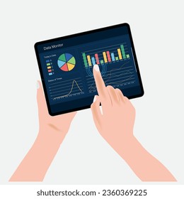 Die Hand des Geschäftsmanns hält den Tablet PC und Punkte auf dem Bildschirm mit einem Zeilendiagramm, Kuchendiagramm, Balkendiagramm und Bericht. Grafiken, Statistiken. Vektorgrafik.