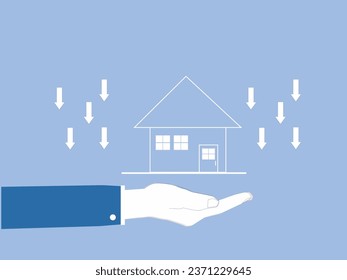 Businessman's hand and house illustration with downward arrows. vector illustration.
