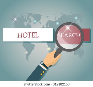 businessmans hand  internet browser red search button hotel webbrowser, vector