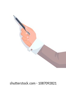 Businessmans hand with jacket sleeve holds pencil. Human body part and basic stationary supply to draw isolated cartoon flat vector illustration.
