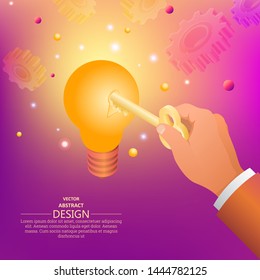 The businessman's hand with a key to the burning lamp. The concept to discovery of the innovative idea.Technical progress. Creativity of thinking. Digital modern background.3D. Isometry. A vector 
