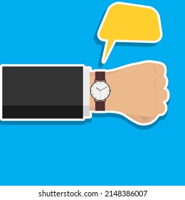 Businessman's hand looking at the clock. The hand of a man in a business suit with a wristwatch. Vector, cartoon illustration with shadow. Vector.