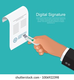 The businessman's hand with the memory stick. The document with the connector.Concept of the digital signature.The company for customer service.Isometry.3D. A vector illustration in flat style.