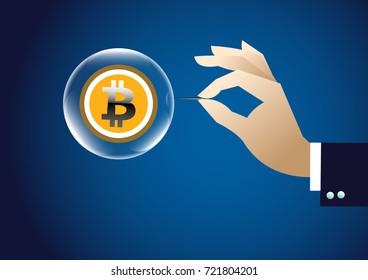 Businessman's hand with a needle pierces the bubble with a  Bit-coin.Business concept.Vector illustration.