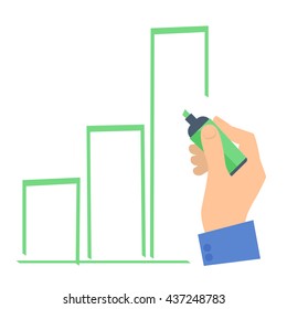 Businessman's hand with a pen drawing a growth column chart to improve business. Flat concept illustration of hand, marker, increase graph diagram. Isolated vector infographic element for presentation