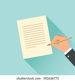 Businessman's hand with pencil. Male hand writing on a paper. Vector illustration in flat style