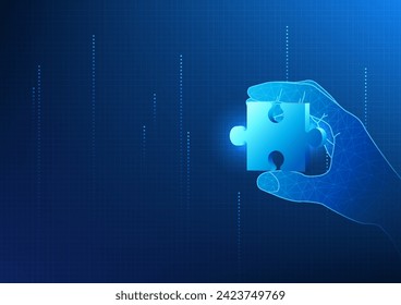 Businessman's hand picks up a jigsaw puzzle. Shows working together as a team. To plan a harmonious business strategy unity and cooperation and business growth goals