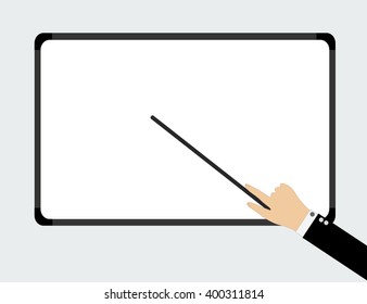 businessman's hand with a pointer on a background of the board.