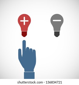 Businessman's Hand Pointing Or Choosing Light Bulb With Positive Thinking Symbol. Abstract Background On Positive Thinking Concept. Vector Illustration.
