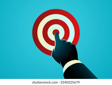 Businessmans hand pointing towards a target icon, representing focus, goal achievement, and strategic planning.