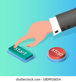 The businessman's hand presses the start button.The concept of launching a new project, brainstorming and starting a new startup.Isometric vector illustration.