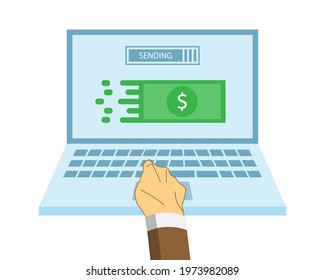 Businessman's hand pressing button on computer sending money to other account. Money transfer icon vector