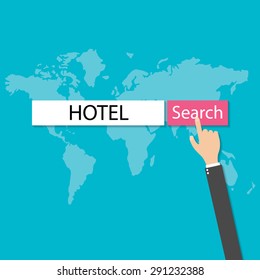 businessmans hand pressing internet browser red search button hotel webbrowser, vector