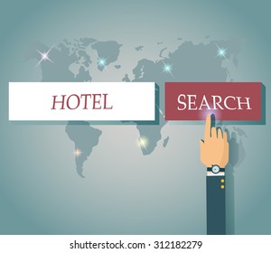 businessmans hand pressing internet browser red search button hotel webbrowser, vector