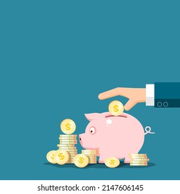 A businessman's hand puts coins into a pig piggy bank vector.