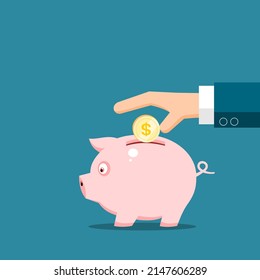 A businessman's hand puts coins into a pig piggy bank vector.