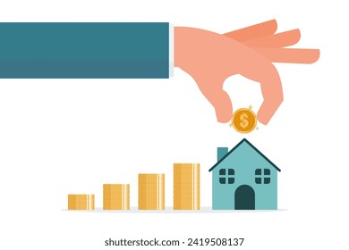 Businessman's hand puts coins on a wooden house. The growing process of saving money. Real estate investing and home mortgages. financial concept. Vector illustration flat design style