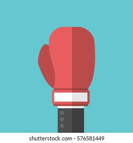 Businessman's hand with red boxing glove on turquoise blue background. Strength, power and challenge concept. EPS 8 vector illustration, no transparency