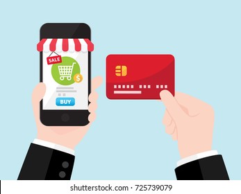 Businessman's hand shopping online by credit card, Online store on smartphone with striped awning, Mobile payment