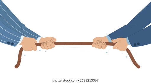 Businessman's hand in suit pulling rope, Business rivals, Office conflict, Competition symbol, Flat vector design illustration.
