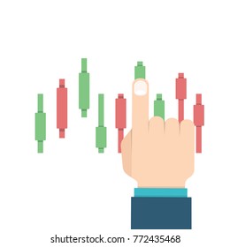  Businessman's hand touch upon  candlestick chart. Vector illustration.