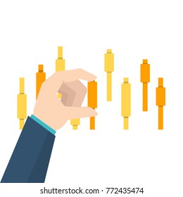  Businessman's hand touch upon  candlestick chart. Vector illustration.