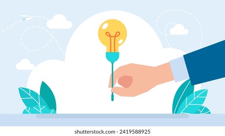 Businessman's hand turns on light bulb. Turn on creativity, inspiration, new idea, solution or innovation to solve problem, enable knowledge or creativity concept. Vector flat illustration